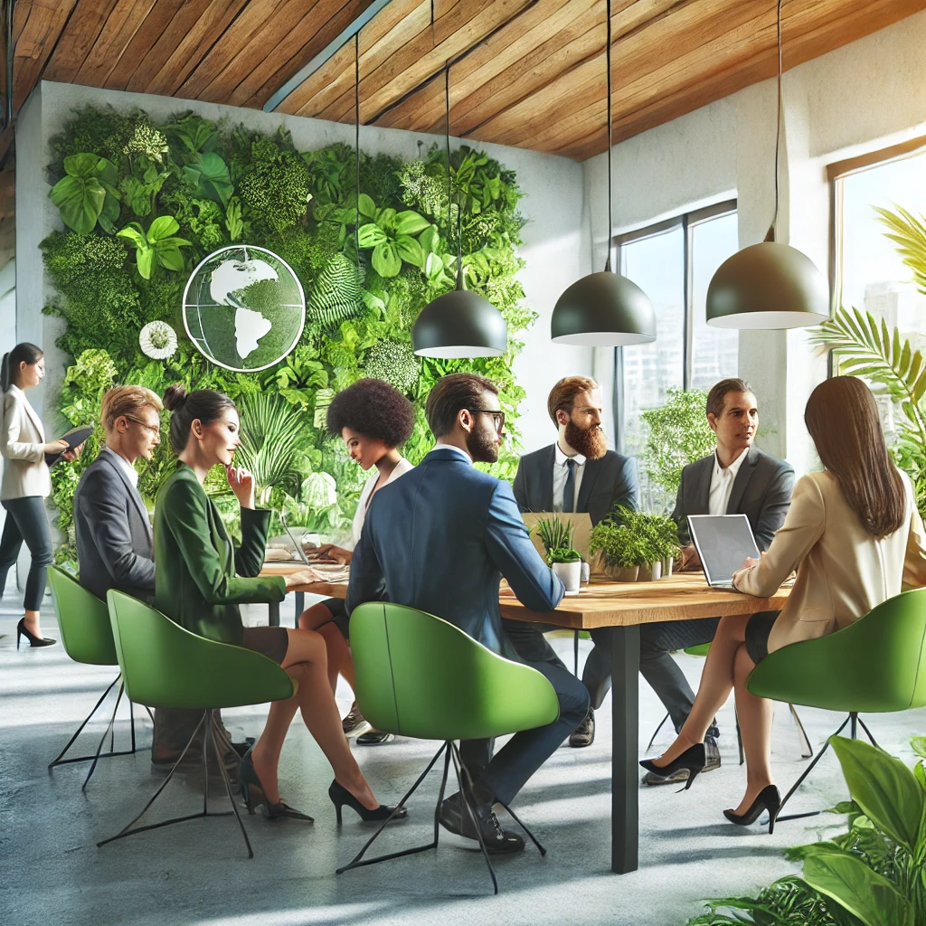 DALL·E 2024-12-26 13.41.56 – A realistic photographic illustration of professionals collaborating in an eco-friendly workspace. The scene features diverse individuals in a bright